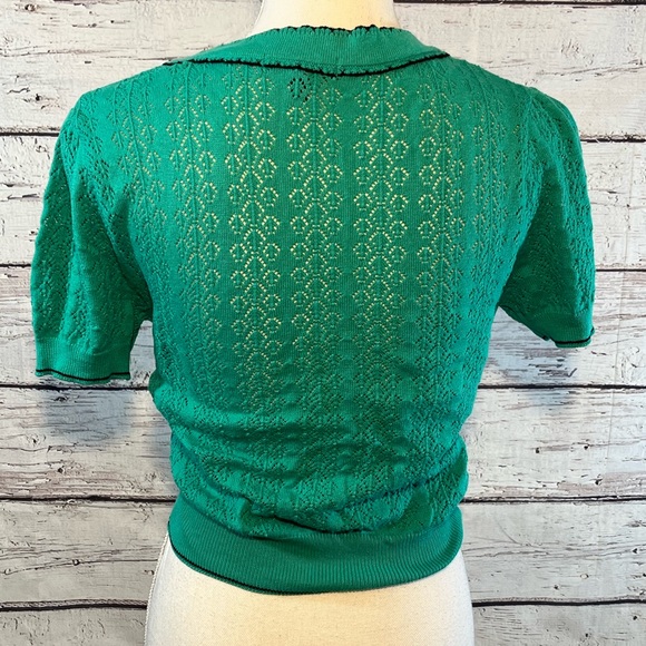 ZINC Cardigan Short Sleeve Button Front Open Weave Green/Black-Medium - Picture 2 of 2